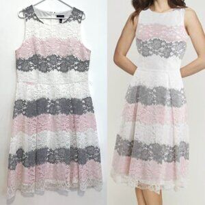 LONG TALL SALLY Striped Lace A-Line Dress White Gray Light Pink Sleeveless Midi